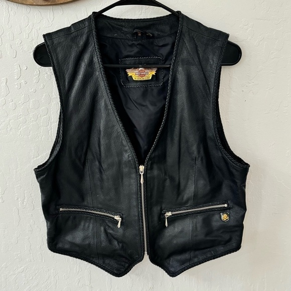 Harley-Davidson Jackets & Blazers - Harley Davidson Womens L Genuine Leather Zip Pocket Vest Biker Motorcycle Vtg